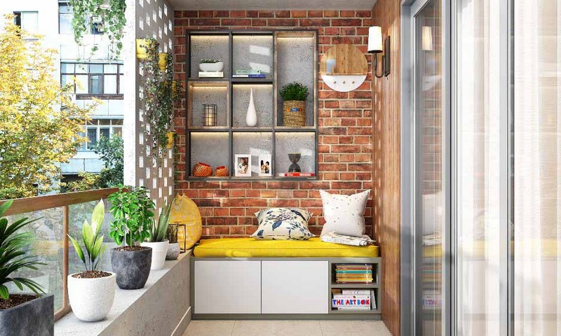 Balcony with brick Wall & open shelves