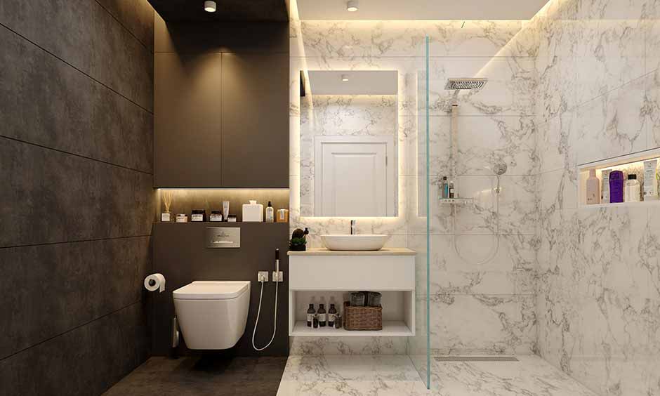 Bathroom with white & brown tiles